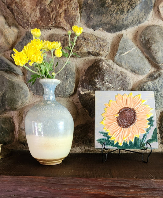 Orange & Yellow Sunflower Ceramic Bas-relief Art Tile  w/stand...