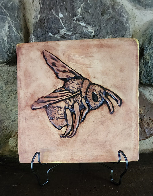 Bumble Bee Ceramic Sculpture Art Tile  w/stand... Iron Oxide Finish