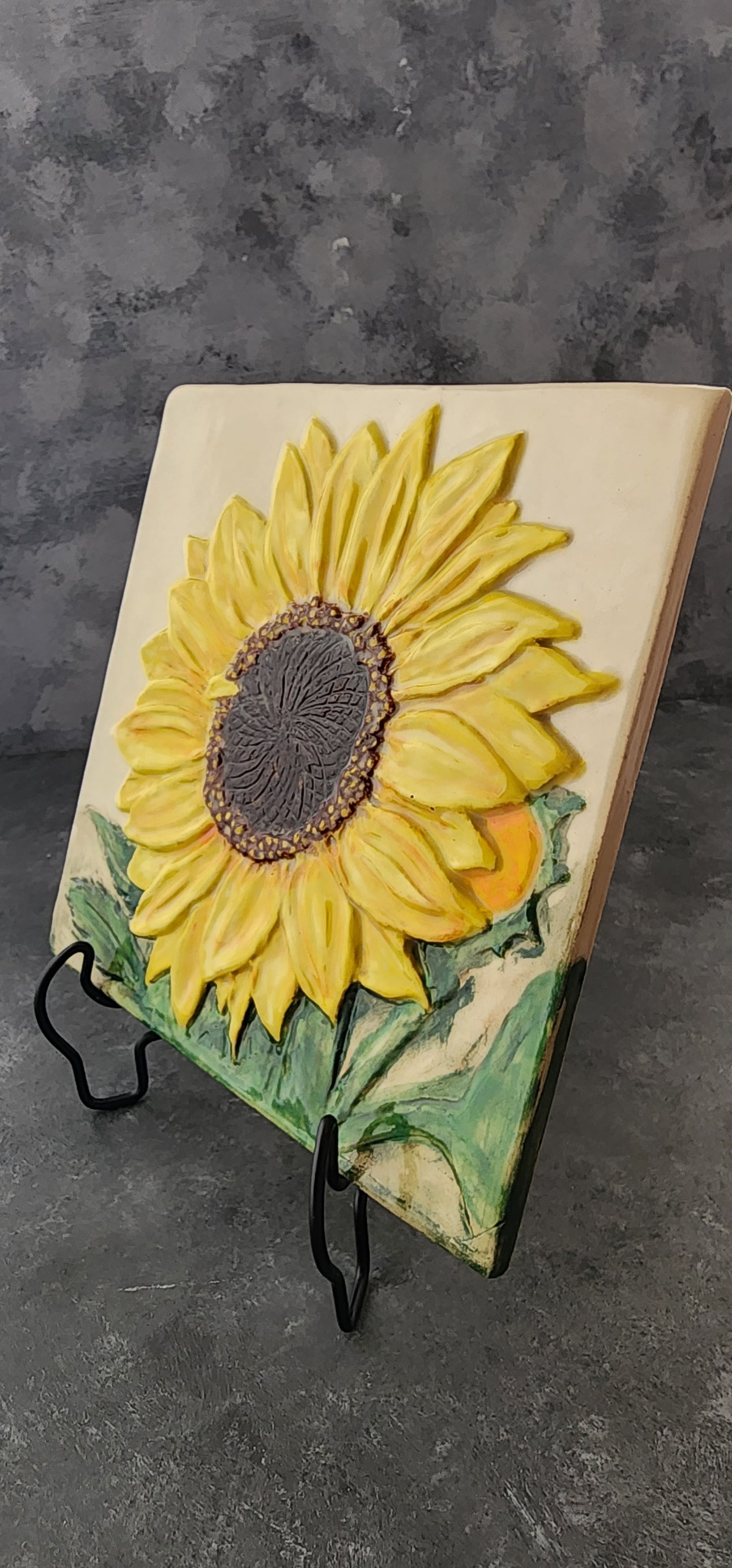 Yellow Sunflower Ceramic Sculpture Art Tile w/stand & wall hanger