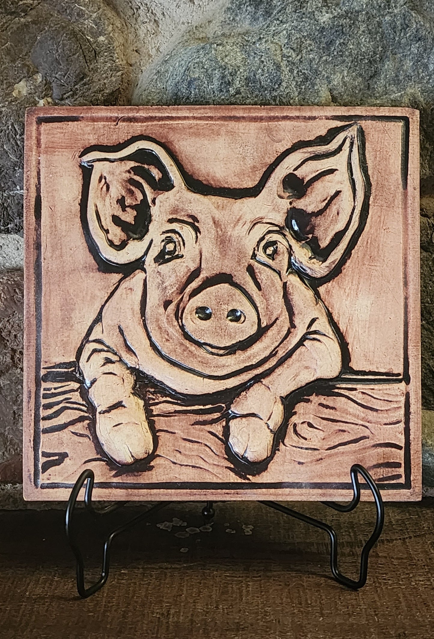 Pig in Pen Sculpture Ceramic Decorative Art Tile w/stand & Iron Oxide finish.